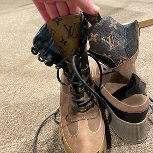 Leather and suede lug sole lace up boots